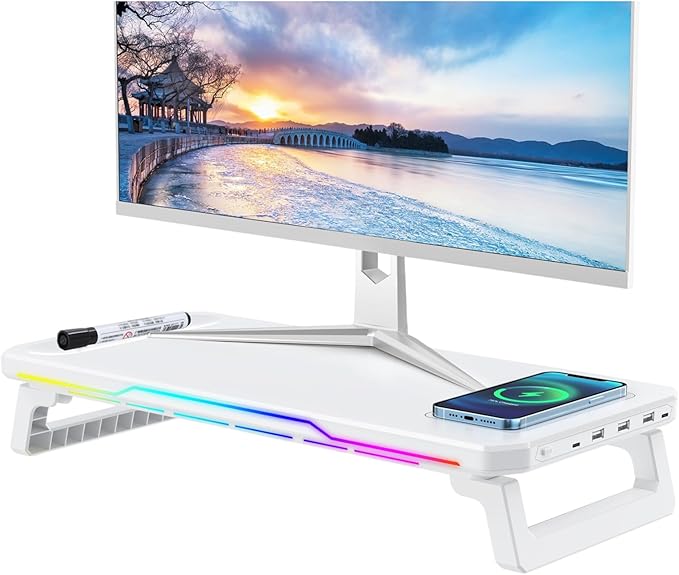 Monitor Stand with Usb Hub (3.0 &amp Type-C) and 15W Fast Wireless ChargingMonitor Riser with Usb C Ports for PC iMac (27 inches) Vibrant RGB Lighting Desk Organizer for Office/Home (White)
