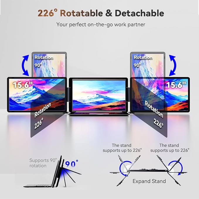 15.6 Detachable Laptop Screen Extender FHD 1080P IPS Dual/Triple Portable Monitor for Laptop USB-C/HDMI Plug &amp Play Multi/Extra Travel Display Computer Monitor for 12-18.5 Win/Mac/Android-S9H