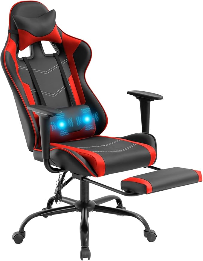 Ergonomic PU Leather Massage Chair with Footrest/Armrest/Lumbar Support for Adults Racing Style Big and Tall Gaming/Work/Study Chairs