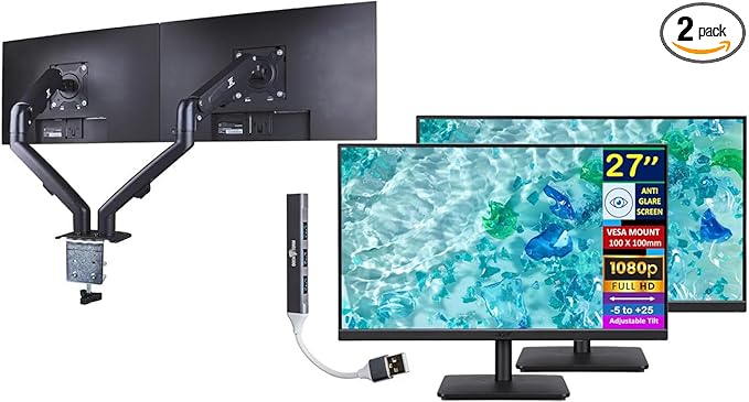 acer Vero V7 V277 Gbmipx 27 FHD IPS Monitor with 4ms Response Time Anti Glare VESA Mount (100mm) HDMI VGA &amp Black Color (UM.HV7AA.G07) 2 Pack with DKZ Hub &amp ErgoFlexy Dual Monitor Mount