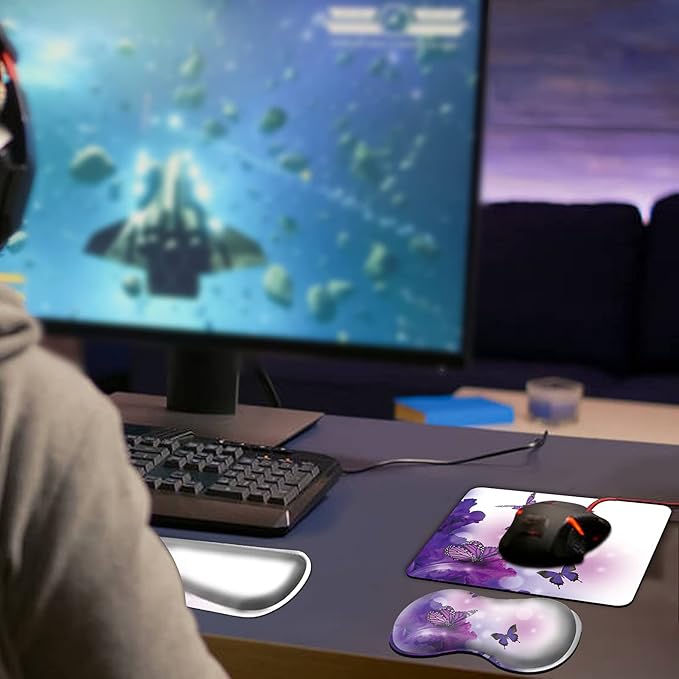 Keyboard Wrist Rest + Mouse Pad + Mouse Wrist Rest Support Set + Coaster Ergonomic Memory Foam Mouse and Keyboard Pad Set for Laptop Computer Office Home Working Gaming Purple Butterfly
