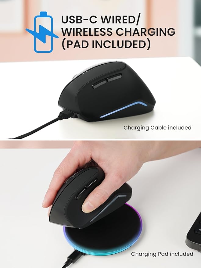 Perixx PERIMICE-715RX Wireless Rechargeable Vertical Mouse - Duo Wired and Wireless Charging Feature - Charger Included - Right-Handed - Black