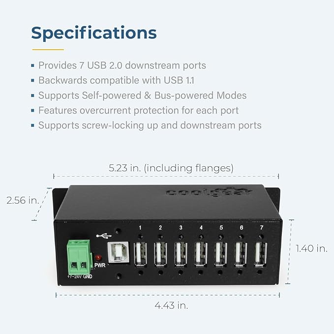 Coolgear Industrial 7-Port USB 2.0 Hub with Secure Screw-Locking Ports | Surface &amp DIN-Rail Mountable | 480 Mbps Data