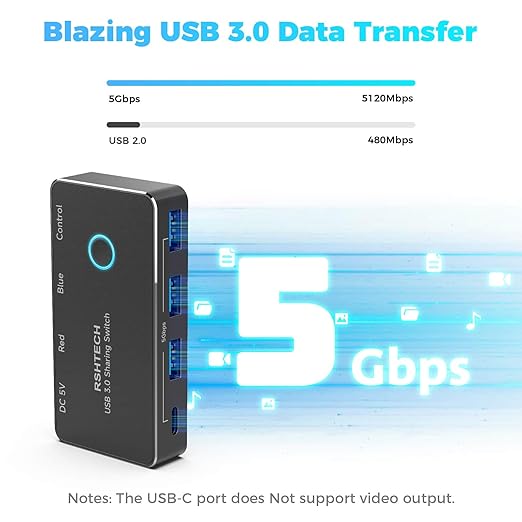 RSHTECH USB 3.0/USB C Switch 2 Computers Share 4 USB 3.0 Data Ports(3 USB-A+1 USB-C) USB Switcher Selector with 2 Cables and Controller for PC Laptop Keyboard Mouse and Printer