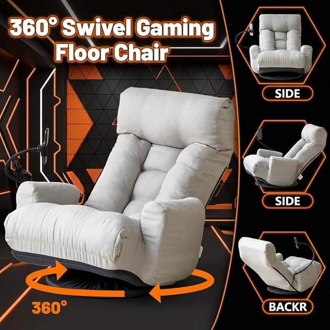 Gaming Chair Floor Sofa Gaming Lounge Chair with 14-Section Head &amp 3-Section Waist Adjustment 360° Swivel &amp Spring Seat for Gaming Napping Reading Dorm Small Apartment(Grey)