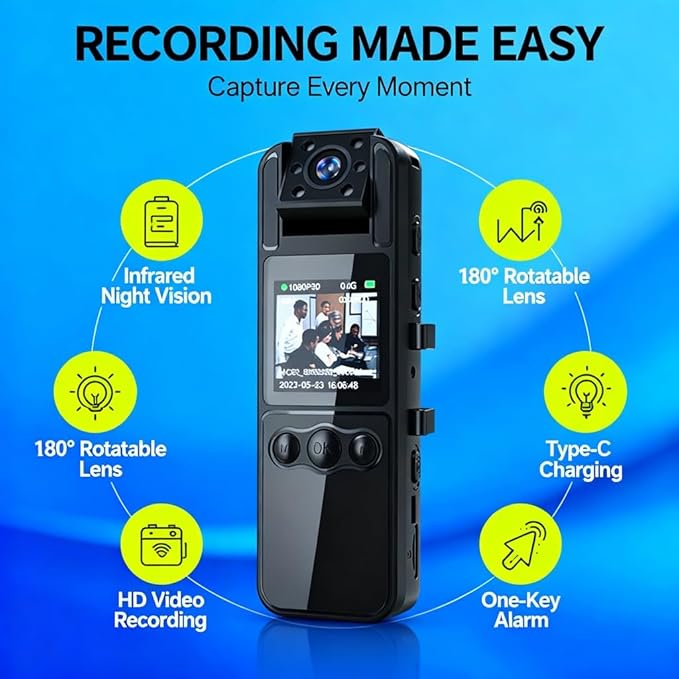 1080P Body Camera Mini Webcam with 180° Rotatable Lens IR Night Vision Audio Video Recording - One - Key Alarm Back Clip and Neck Strap Outdoor Personal Use