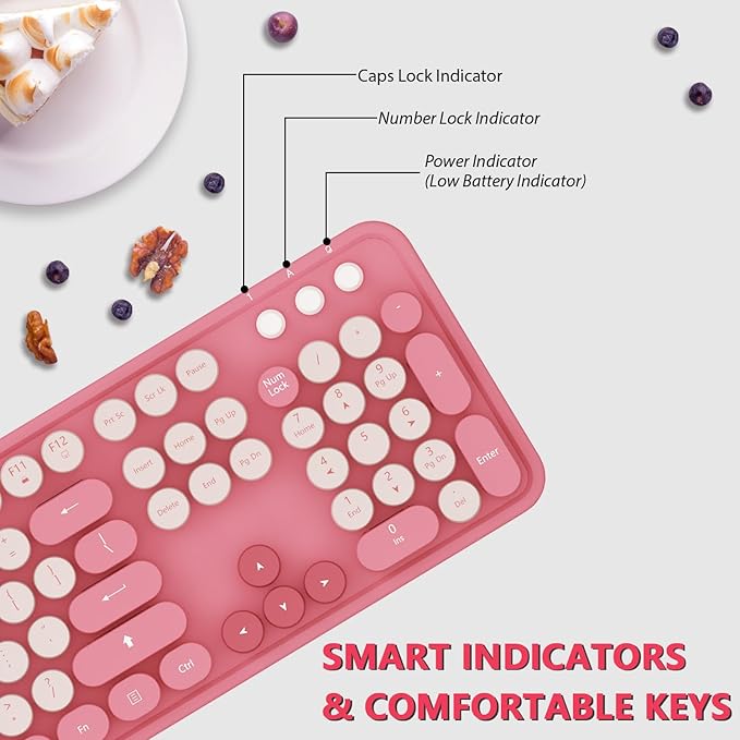 Wireless KeyboardKOOTOP Cute Colorful 104 Keys Typewriter Retro Round Keycaps Keyboard for PC LaptopDesktopWindows Home and Office Keyboards(Pink)