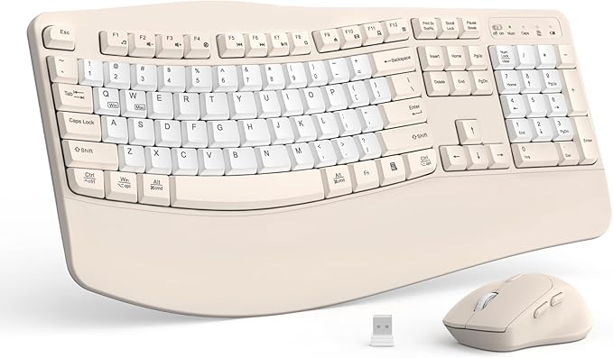 Ergonomic Wireless Keyboard and Mouse Combo Wave Keys Keyboard with Wrist Rest for Natural Typing 3 DPI Adjustable Ergonomic Silent Mouse for Computer/Laptop/Windows/Mac (Latte Color-B)