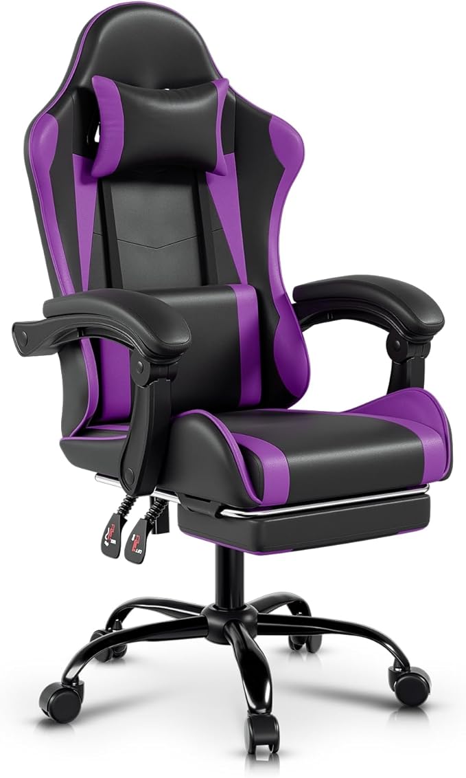 Auto Dynasty Ergonomic Gaming Chair High-Back Office Chair w/Adjustable Lumbar Support Linkage Armrest Headrest &amp Footrest 350LBS Recliner Swivel Computer Game Racing Chair Purple/Black