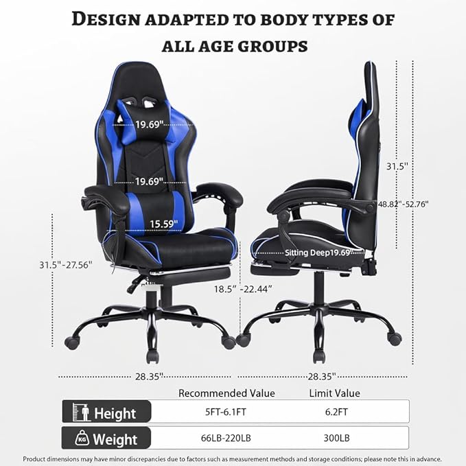 Gaming Chair Gaming Chairs for Adults Ergonomic Gaming Chair with footrest Video Computer Chair with Headrest and Massage Lumbar Support for Adults Kids 12+ (Black-B)