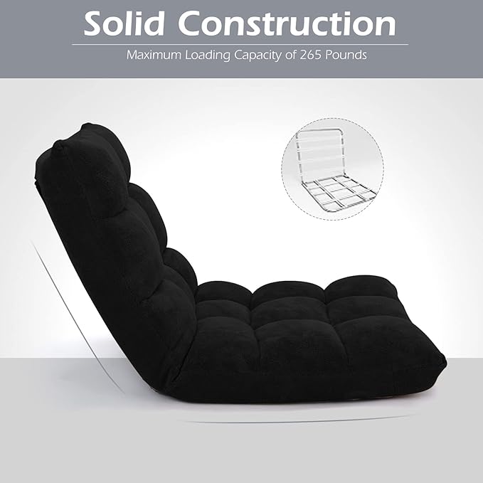 COSTWAY Adjustable Gaming Chair Video Gaming Chairs with Back Support Alloy Steel Frame Soft Coral Fleece Lazy Sofa Lounge for Reading Living Room Recliner for Adults Kids Black