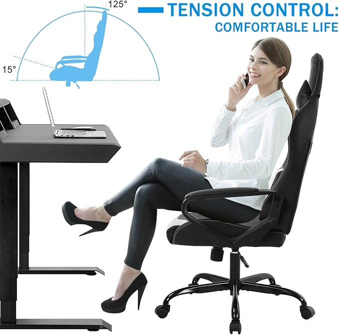 Gaming Chair Computer Gamer Racing Chair High Back Video Game Chair Leather Gaming Chair Ergonomic Adjustable Swivel Racing Chair with Headrest and Lumbar Supportfor Back Pain WomenMenWhite