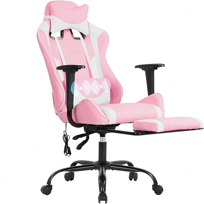 PayLessHere Racing Gaming Chair Office Massage Chair Ergonomic Recliner with Computer Desk PU Leather Lumbar Support Footrest Rolling Swivel and Task Function Ultimate Comfort for Adults (Pink)