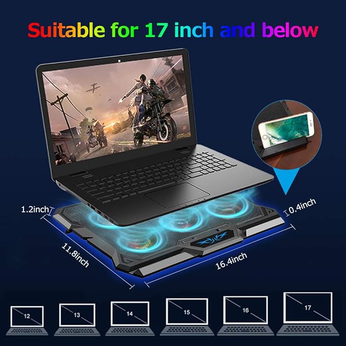 Laptop Cooling Pad Laptop Cooler with 6 Quiet Fans RGB 7 Color Light for 15.6-17 Inch Laptop Cooling Fan Stand Portable Slim USB Powered Gaming Laptop Cooling Pad Switch Control Fan Speed(Black)