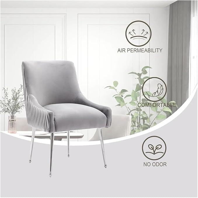 Adjustable Office Computer Chair with Armrest 1pcs Velvet Upholstered Dining Chair with with Backrest Pulling Rod and Silver Legs