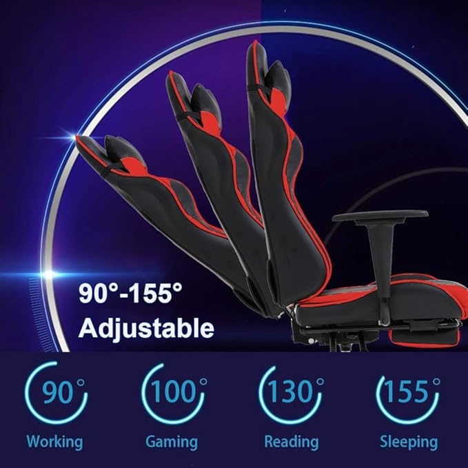 PC Gaming Chair with Footrest Ergonomic Home Office Chair with Lumbar Support &amp Headrest Pillow Height Adjustable Swivel Recliner Racing Computer Video Game Chairs Red