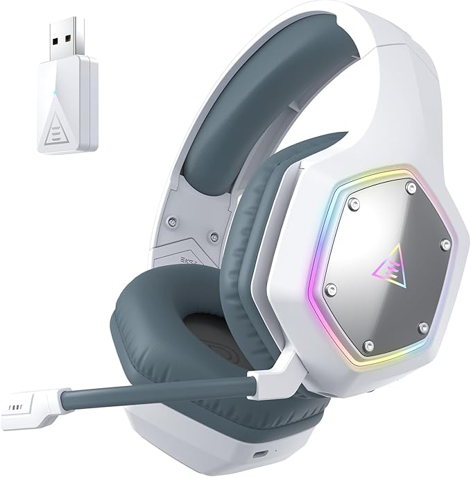 EKSA E1000WT Wireless Gaming Headset2.4GHz USB Gaming Headphones with Microphone for PC PS5 PS4 Nintendo Switch 7.1 Surround Sound Headset RGB Light Ergonomic Design for Birthday Gift