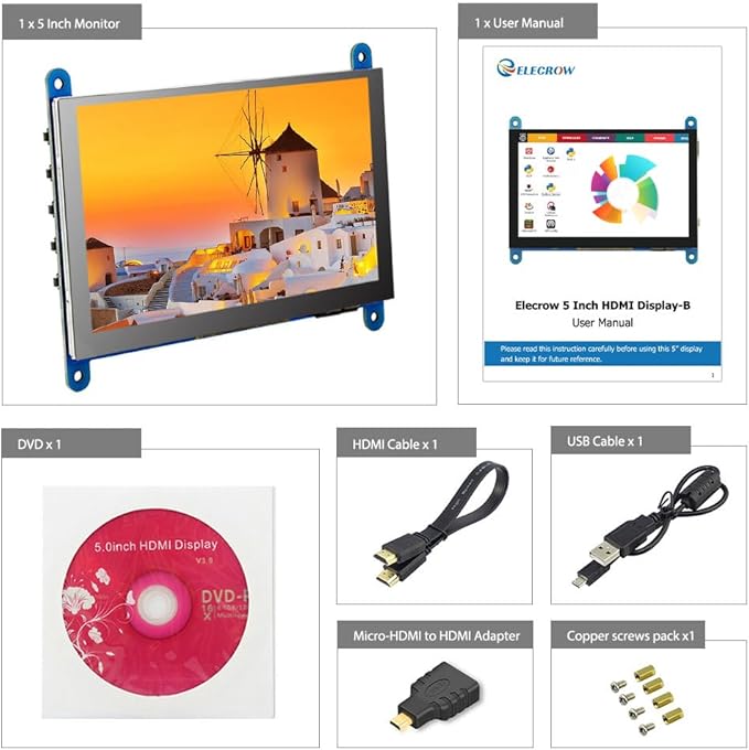 ELECROW 5 Inch Touch Screen Monitor for Raspberry Pi - 800×480 Mini Monitor Touchscreen LCD Display Compatible with Raspberry Pi 5/4/3B+/3B BB Black Banana Pi Jetson Nano Windows PC