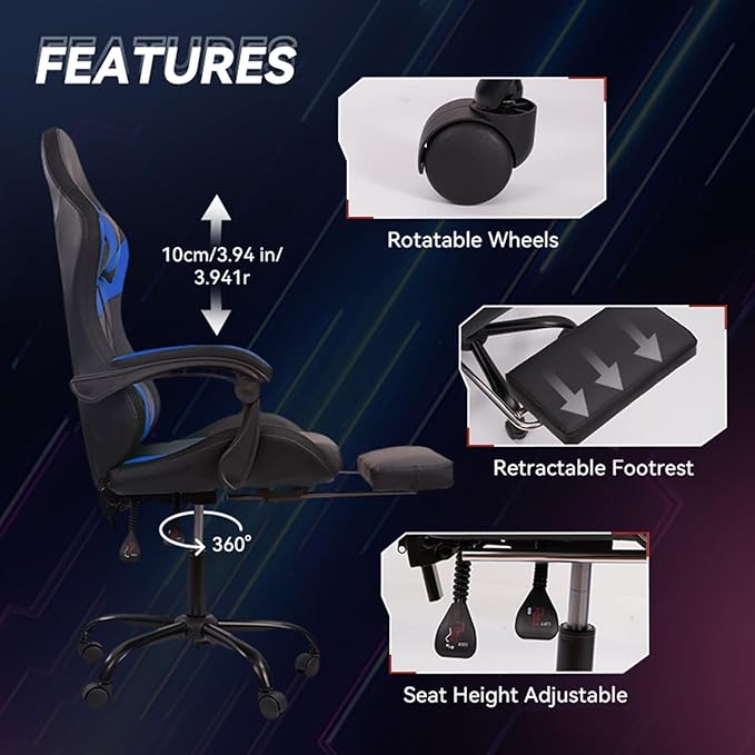 Gaming Chair Computer Chair with Footrest and Lumbar Support &amp LED Height Adjustable Game Chair with 360°-Swivel Seat and Headrest and for Office or Gaming (Black-Blue)