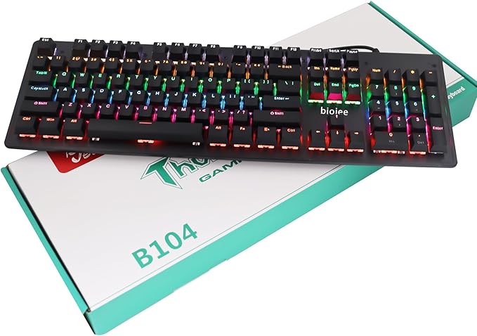 Denash 104 Keys Mechanical Gaming Keyboard with Rainbow Backlit FN Shortcuts K104 Keyboard Color Switch. USB Wired Keyboard for and (Blue Switch)