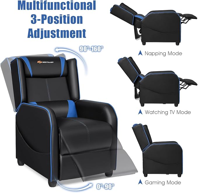 Goplus Massage Gaming Recliner Chair Racing Style PU Leather Single Recliner Sofa with Footrest Adjustable Modern Living Room Recliners Ergonomic Home Theater Recliner Seat (Blue)