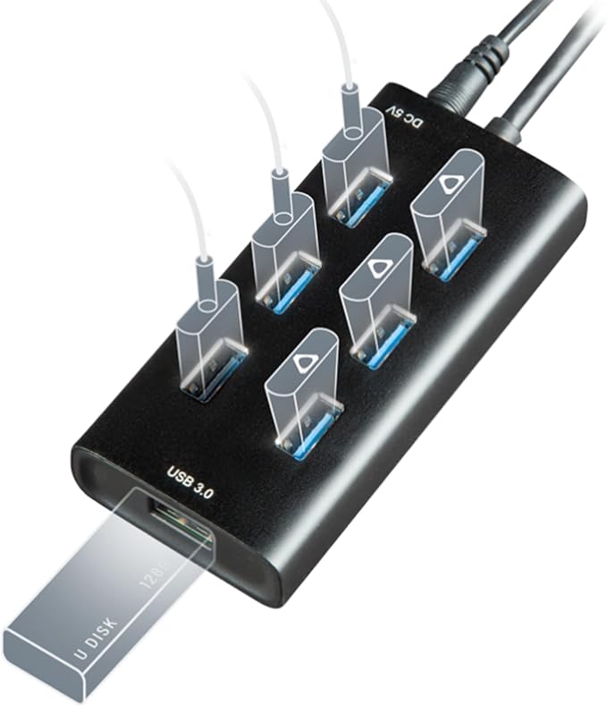 Rebuff Reality USB Hub 3.0 - 7-Port USB Hub with One Smart Charging Port Supports Vive Tracker 3.0 2.0 &amp Other VR Dongles Data Transfer for VR Trackers MacBook iMac PC - Black 31.5-inch Cabl