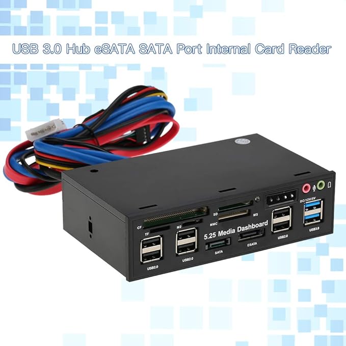 Multi-Function USB 3.0 Hub eSATA SATA Port Internal Card Reader PC Dashboard Media Front Panel Audio for SD MS CF TF M2 MMC Memory Cards Fits 5.25