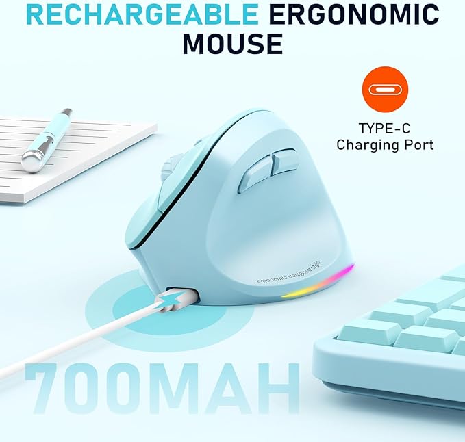 MEETION Ergonomic Mouse Wireless Vertical Mouse RGB Backlit Rechargeable Mice for Bluetooth(5.2 + 3.0) &amp USB-A with Type-c Adapter 4 Adjustable DPI Mac/Windows/Andriod/PC/Tablet/iPad Blue