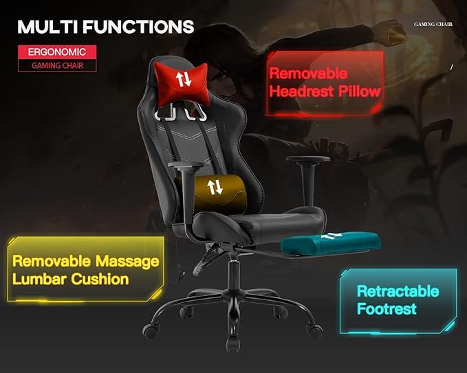 PU Leather Ergonomic Gaming Chair with Massage Lumbar Support Footrest and Armrest - Big and Tall Racing Style for Adults Gaming Work Study