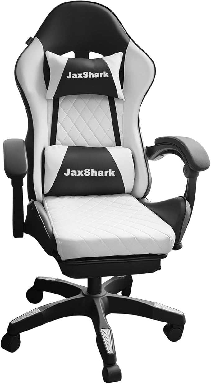 JaxShark Gaming Chair Office Chair with Headrest and Lumbar Support High Back Computer Leather Desk Chair with 360° Swivel 220 lbs Capacity – Racing Style for Gaming and Work (White)