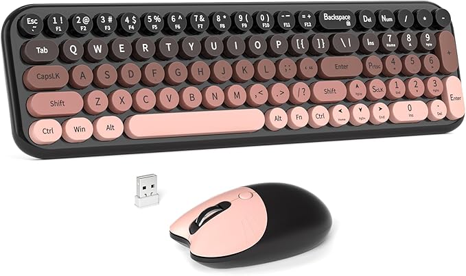 Wireless Keyboard and Mouse Combo MOWUX Compact Typewriter Retro Round Computer Keyboard Cute Optical Mouse Wireless Plug and Play for Laptop PC Computer- BlackBerry Gradient