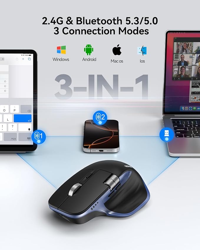 TECKNET Wireless Mouse Bluetooth Mouse (BT5.3/5.0 &amp 2.4G) Rechargeable Ergonomic Optical Mouse with 6 Adjustable DPI Side Scroll USB A Receiver 7 Buttons Wide Compatibility - Black &amp Blue