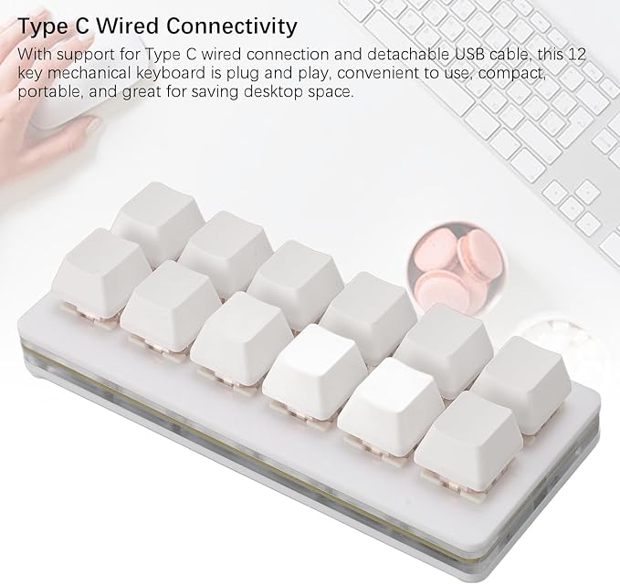 Zunate 12 Key Mechanical Gaming Keyboard One Handed Macro Customized OSU Keyboard USB C Wired Programmable RGB Backlit Keyboard for PC (White)