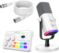 FIFINE Streaming Studio Set Dynamic XLR Microphone Mic with Volume Control RGB Lighting Audio Mixer with 7.1 Surround Sound and 9.8ft XLR Cable for Voice Chat Video Creation-AM8W+SC8W+L9W