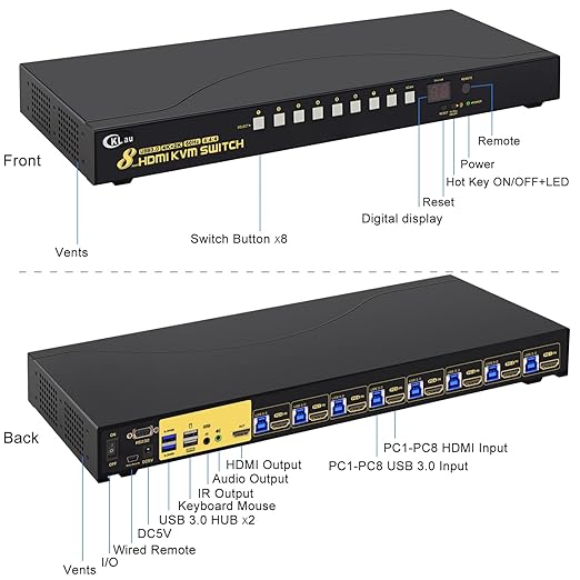 CKLau 8 Port USB 3.0 Rack Mount HDMI KVM Switch 4K60Hz with Audio 2 pcs USB 3.0 Hub and Cables Supports Keyboard Mouse Switching
