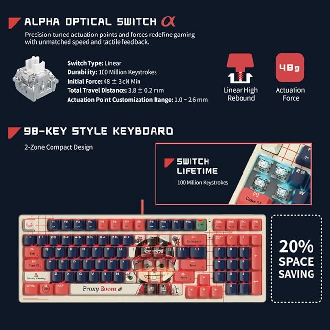 Bloody AT98 Boom Optical Mechanical Gaming Keyboard 98 Key Compact Layout RGB Backlit Exact Reset System | Alpha Optical Switch