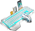 Wireless Keyboard and Mouse Blue LED Backlit Rechargeable Keyboard with 3800mAh Battery Metal Panel Removable Hand Rest Mechanical Feel 7 Color Gaming Mute Mouse for PC Gamers