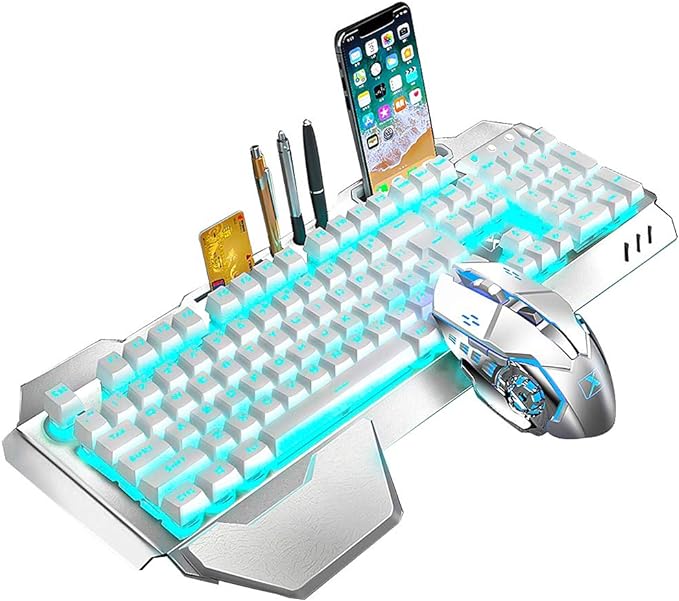 Wireless Keyboard and Mouse Blue LED Backlit Rechargeable Keyboard with 3800mAh Battery Metal Panel Removable Hand Rest Mechanical Feel 7 Color Gaming Mute Mouse for PC Gamers