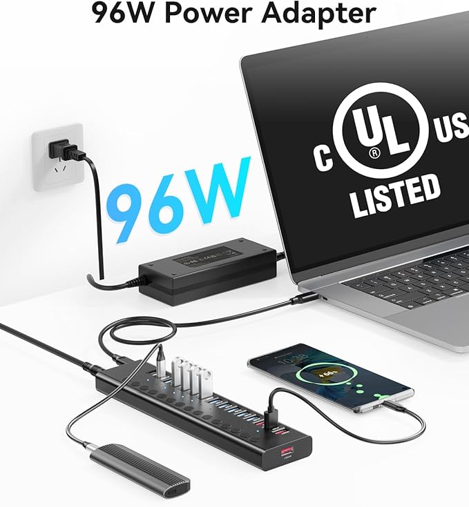 Powered USB Hub AGEEN 16-Port USB 3.0 Hub (10 USB-A 3.0+2 QC 24W Fast Charging+2 Smart Charging+2 USB-C 3.0 Ports) 12V/8A 96W UL Certified Power Adapter for PC Laptop HDD Flash Drive (16-Port)