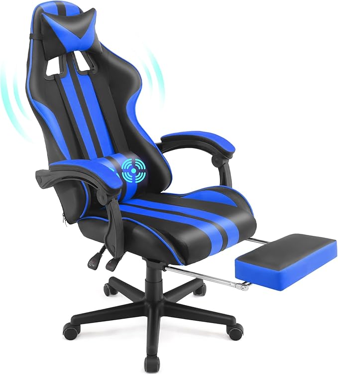Racing Style PC Computer ChairComputer Gaming Chair E-Sports ChairErgonomic Office Chair with Height AdjustmentRetractable FootrestHeadrest and Massage Lumbar Support(Navy Blue)