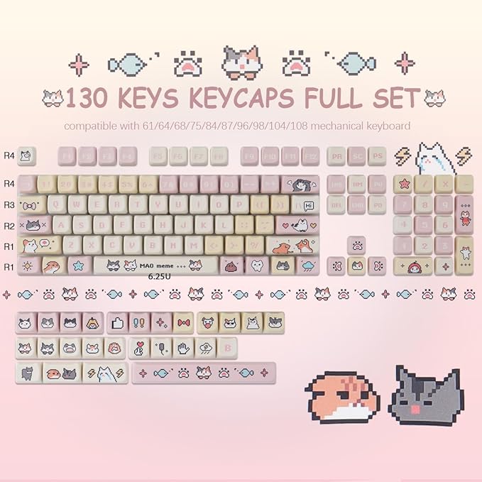 PBT Keycaps 132 Keys Pixel Cat Keycaps Dye-Sublimation Cute Keycap Mao Profile Custom Keycap for Cherry Gateron MX Swithes Mechanical Gaming Keyboards