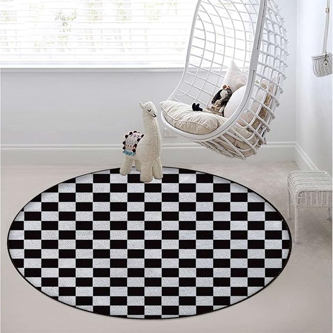 Checkered Gaming Chair Mat Round Floor Mats for Office Chair Computer Gaming Desk Mat for Rolling Chair Non-Slip Gaming Rug Checkers Game Geometric Grid StyleWhite Charcoal Diameter 43.3 in