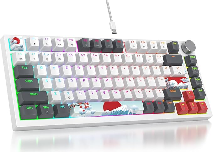 Fogruaden Wired 75% Percent Mechanical Keyboard Hot Swappable Red Switch TKL Mechanical Keyboard Gasket Mount RGB Backlit Compact Gaming Keyboard with Volume Knob(GreyWhite)