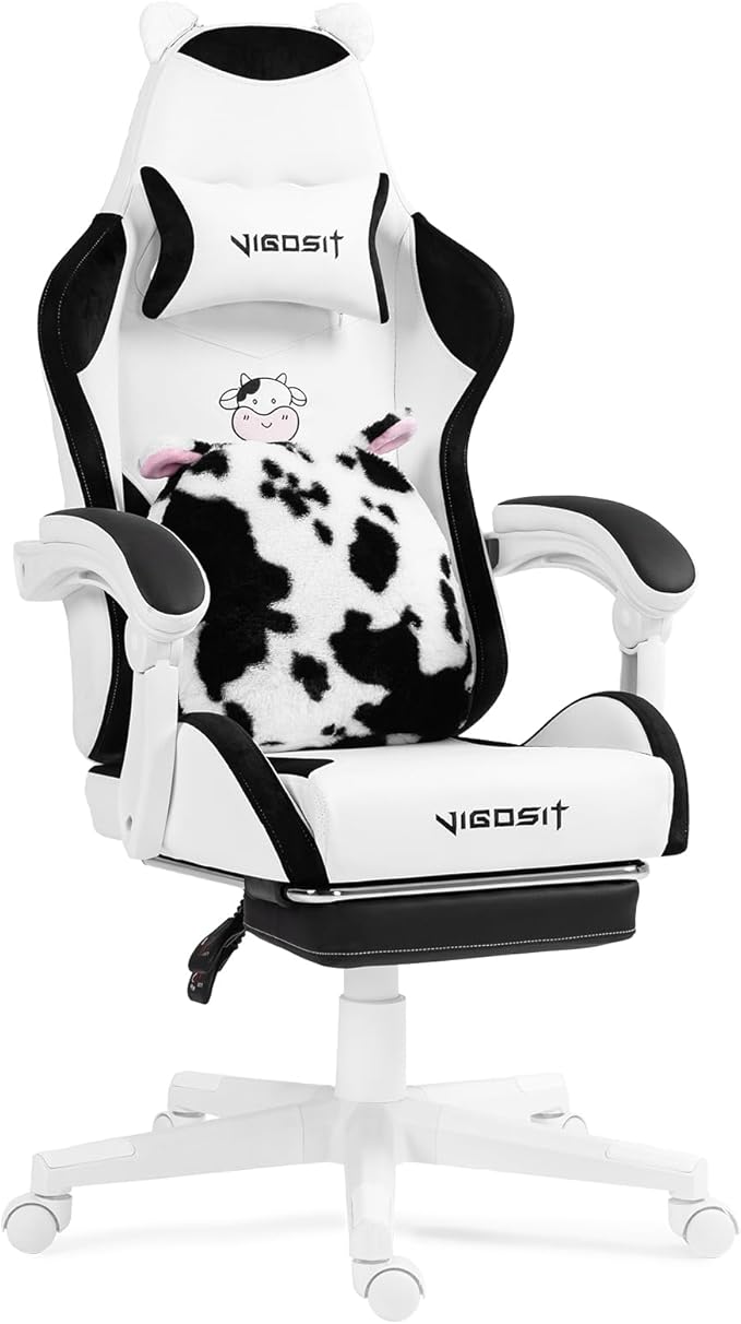 Cute Gaming Chair with Cat Paw Lumbar Cushion and Cat Ears Kawaii Pink Computer Chair with Footrest Ergonomic PC Video Anime Gaming Chairs Recliner for Kids Girls Teens (Black&ampWhite)