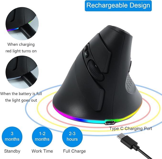 Ergonomic Bluetooth Wireless Vertical Mouse 3 Device Connection (BT1/BT2 + 2.4G USB) RGB 3200 DPI Type C Rechargeable Portable Cordless Optical Mice Reduce Wrist/Hand Strain for PC Computer Laptop