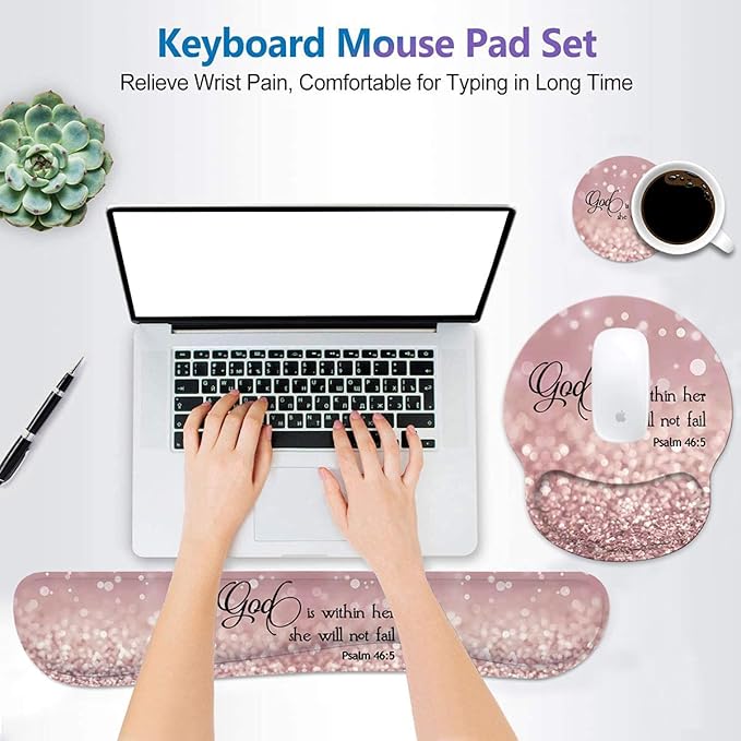 Keyboard Wrist Rest and Mouse Wrist Rest Pad Set with Coasters Non-Slip Rubber Base Ergonomic Gaming Mousepad for Home Office Working Studying Easy Typing &amp Pain Relief Quote Bible Verse Psalm 4