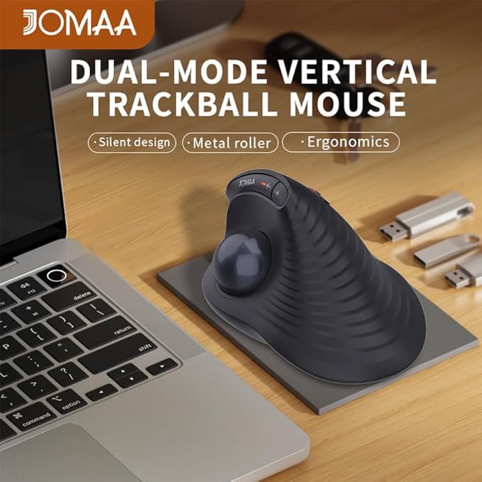 JOMAA Wireless Vertical Trackball Mouse - Ergonomic Design 3-Device Switching 2.4G/Bluetooth 5.0 Rechargeable Type-C Adjustable DPI Compatible with Windows/macOS/iOS/Android (Black)