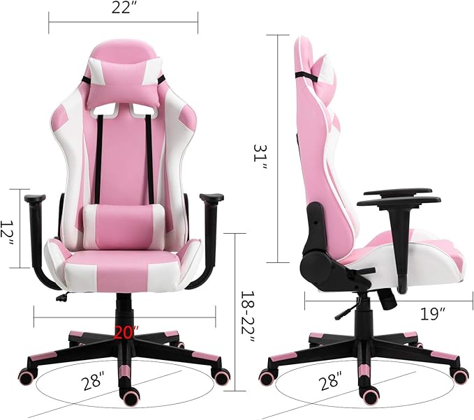 Modern-Depo Gaming Chair Pink White Adjustable Swivel Ergonomic Office Recliner Chairs for Adults Girls