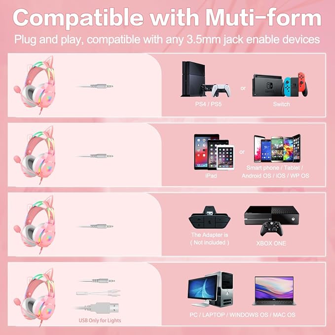 Gaming Headset with Microphone Cat Ear Headphones for PC Laptop PS4 PS5 Xbox Switch Rainbow RGB Lighting &amp Virtual Surround Sound 3.5mm Wired Over Ear Headphones Ergonomic