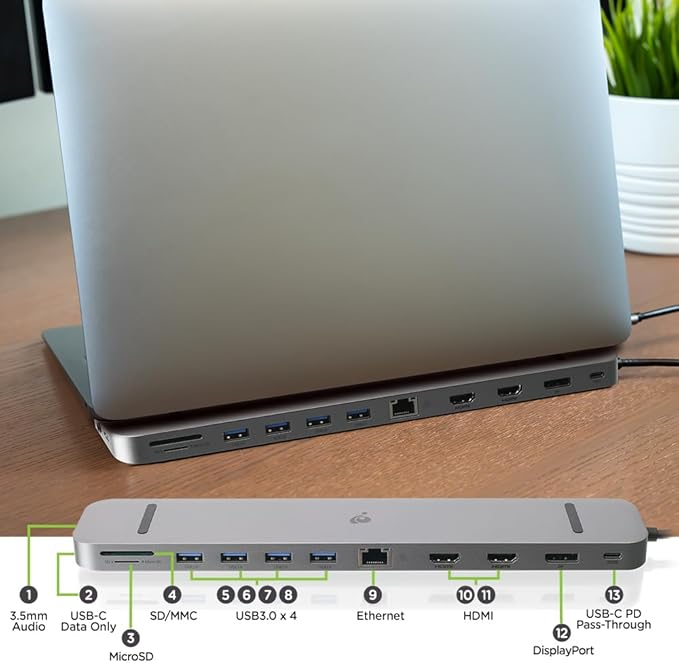 IOGEAR USB-C Triple Display Dock Station - 4K 60Hz - 2 HDMI - 1 DisplayPort - 4 USB 3.0 - Ethernet - 3.5mm Audio - USB-C 100W PD - MacBook Pro/Air Thunderbolt 3 - Type C Laptop - GUD3C4K3